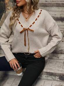 SHEIN LUNE Lace-Up Drop Shoulder Pullover Knit Pullover Fall Winter Sweater - Khaki - View 3