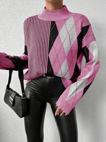 SHEIN Cottnline Women's Striped Patchwork Diamond Stand Collar Sweater - Pink - View 6