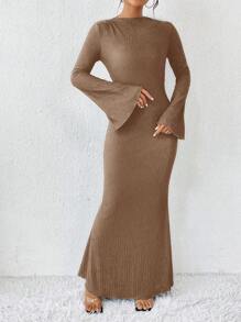 Chiquease Trumpet Sleeves & Fish Tail Hem Dress Maxi Women Outfit Fall Cloth For Women - Khaki - View 3