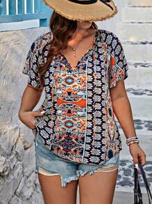 Breezaya Plus Size Random Printed Tie Front Short Sleeve Blouse, Summer - Navy Blue - View 6