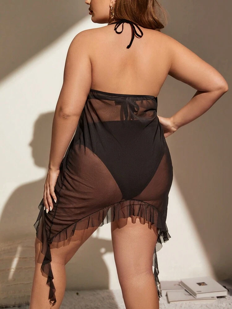 Plus Size 3d Floral Halter Kimono With Ruffle Edge Summer