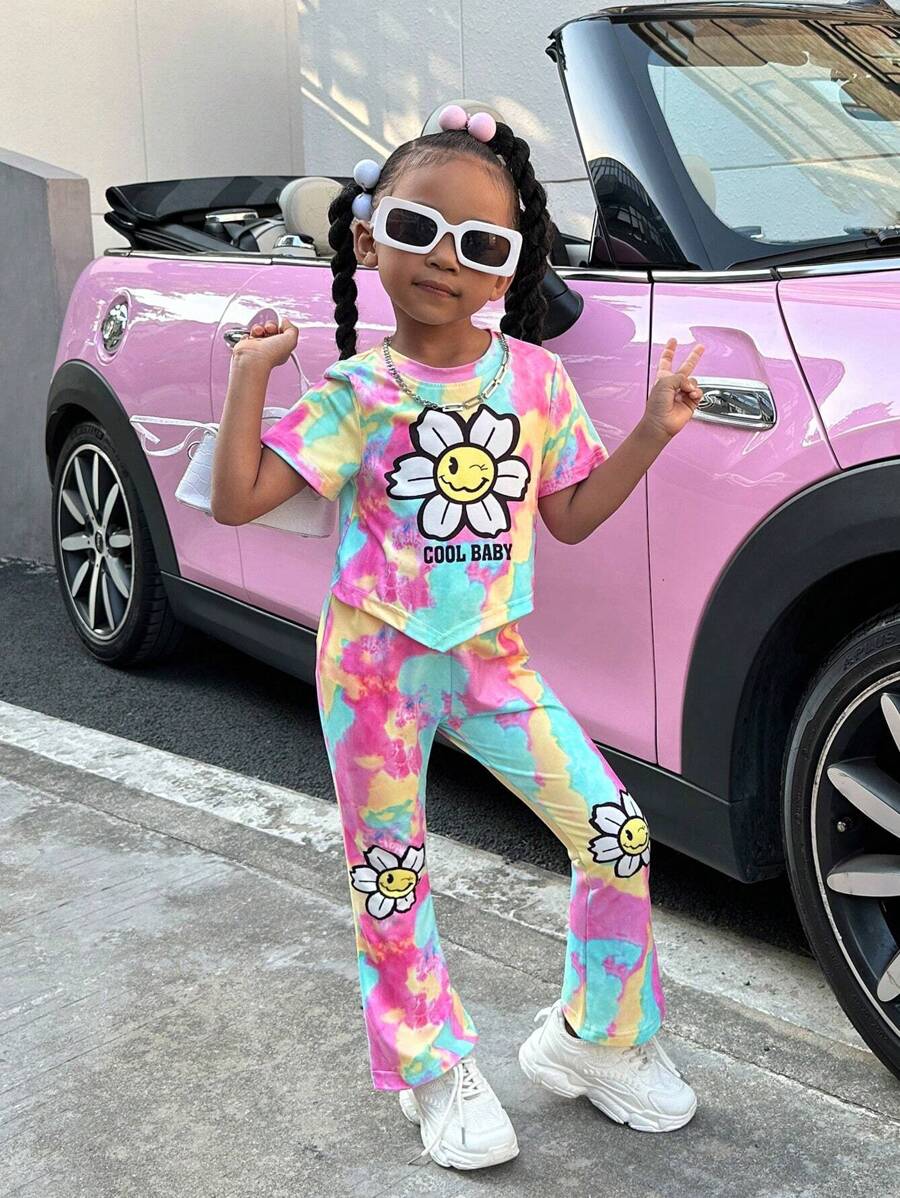 SHEIN Explorewe 年轻女孩扎染卡通印花短袖 T 恤和喇叭裤两件套 - 彩色 - 查看 1