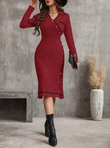SHEIN LUNE 女款撞色新年修身毛衣連身裙 - 彩色 - 查看 4