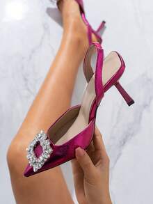 女用金屬高跟後空心鑽石涼鞋 - 中紫紅色 - 查看 3