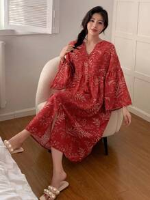 DAZY Plant Print Loose Sleep Dress With Ruffle Sleeves - Red - View 4
