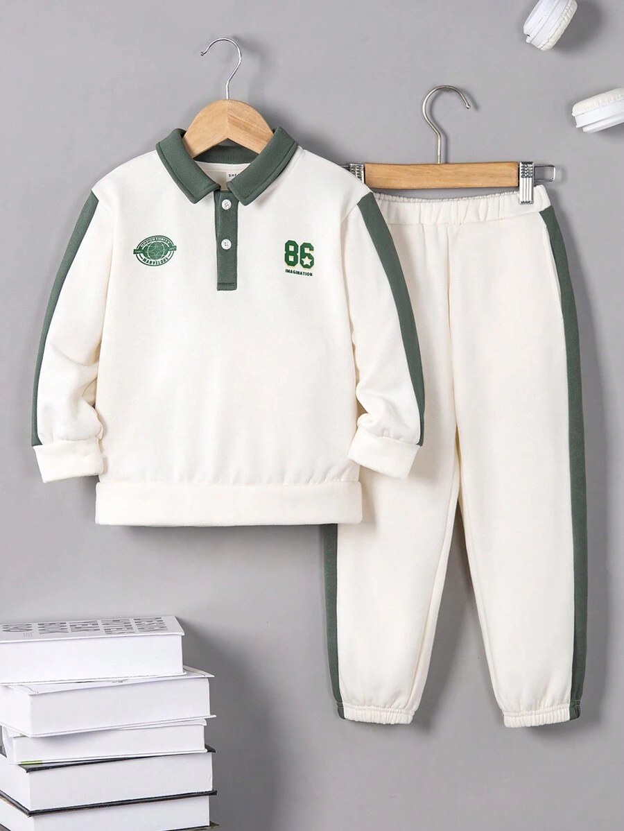 SHEIN Young Boys' Loose College Patchwork Color Block Lapel Sweatshirt And Trousers Two-Piece Set - Multicolor - View 1