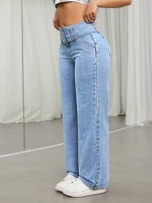 SHEIN ICON Buckle Belted Straight Leg Jeans
