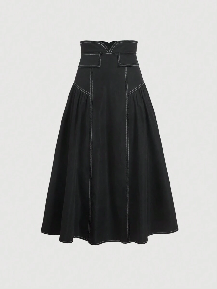 SHEIN MOD Váy cạp cao hở đường khâu cho nữ - màu đen - Xem 1