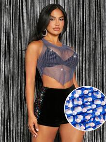 SHEIN SXY Rhinestone Chi tiết mỏng Áo ba lỗ Không có áo ngực - Xanh đậm - Xem 1