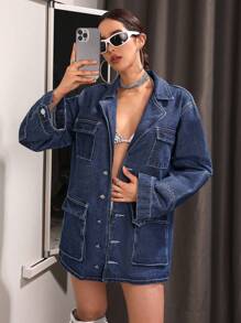SHEIN ICON سترة نسائية من قماش الدنيم بغرز متباينة - الأزرق - مشاهدة 5