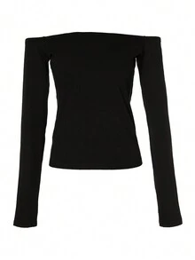 ChicMe 女士露肩长袖上衣修身基本款纯色衬衫休闲日常穿着 - 黑色 - 查看 3