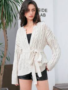 Chiquease Women's Belted Drop Shoulder Cardigan Fall Cloth For Women - Apricot - View 1