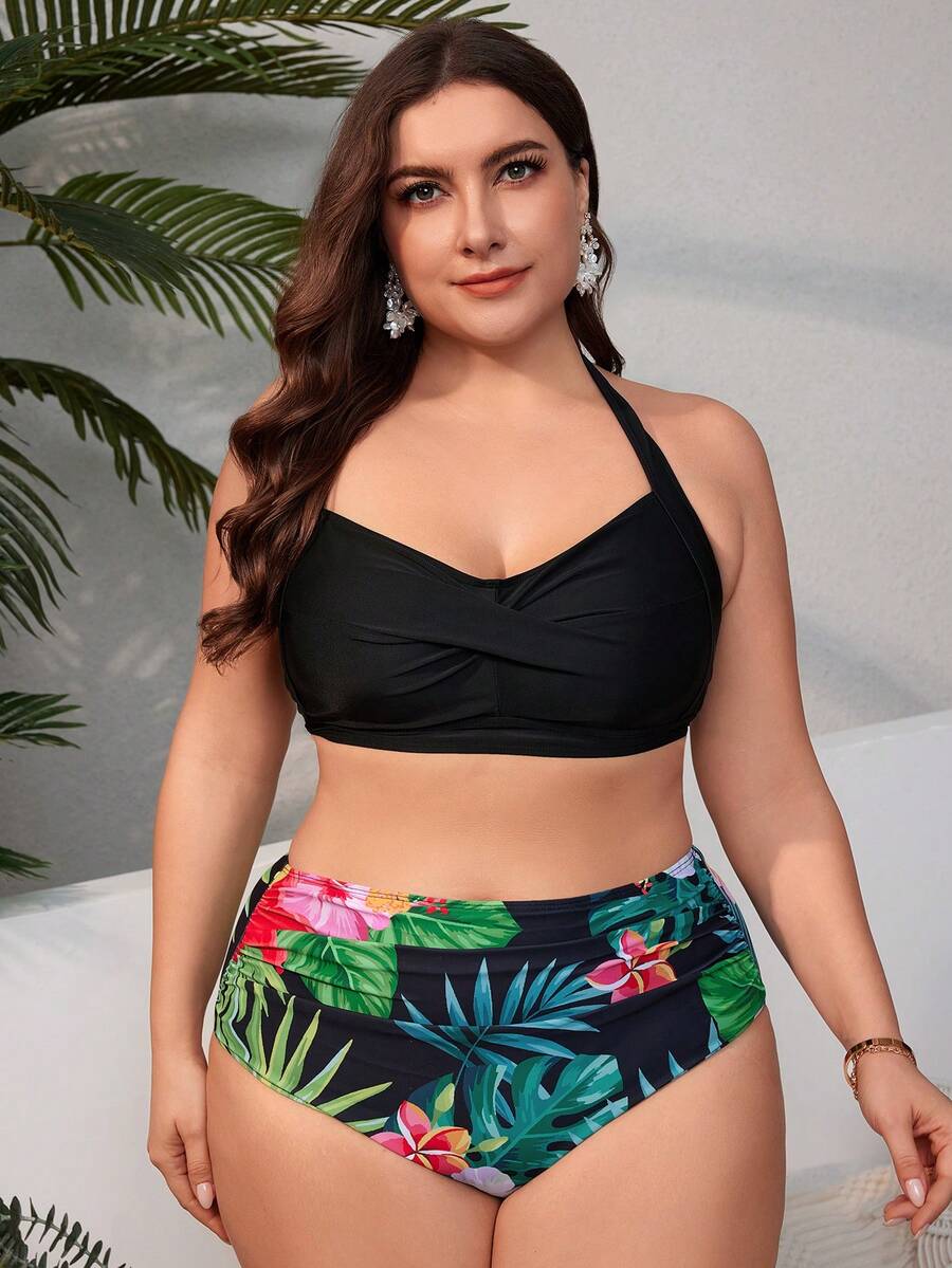 SHEIN Swim Curve Bộ bikini in họa tiết nhiệt đới cỡ lớn đi biển mùa hè - Nhiều màu - Xem 1