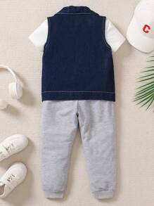 SHEIN 男童牛仔背心,純色短袖t恤和運動長褲套裝 - 藍色 - 查看 2