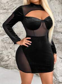 Allurite Vestido De Terciopelo Con Aplicación De Malla En La Parte Delantera Hueca De Talla Grande - Negro - Ver 4