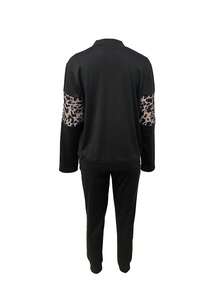 2pcs/Set New European And American Leopard Patchwork Zipper Baseball Collar Long Sleeve Top And Pants Set, Autumn/Winter - Black - View 2