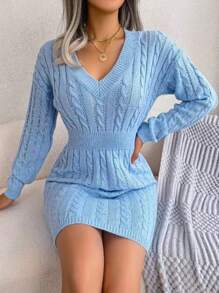 SHEIN Essnce 女款純色毛衣連身裙 - 藍色 - 查看 1