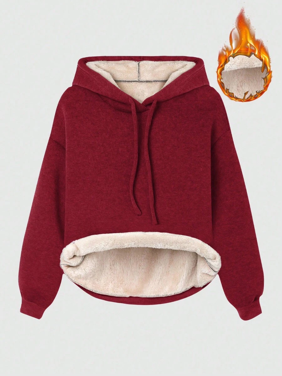 SHEIN Unity 女款純色連帽抓絨運動衫 - 紅色 - 查看 1