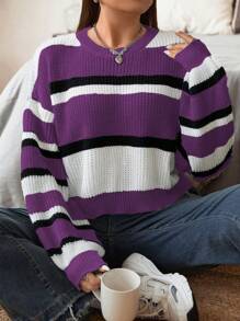 Flirla 大尺碼女款短條紋毛衣 - 紫色 - 查看 1