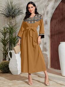 Al Najma Women's V-Neck Patchwork Geometric Pattern Dress Kaftan Jalabiya Dress - Yellow - View 4