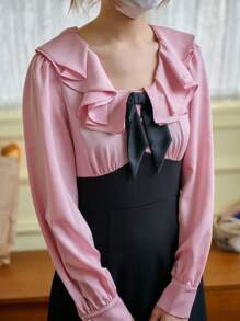 Simple Retro Patchwork Black Bow Tie Ruffle Round Neck Long Dress - Black - View 5