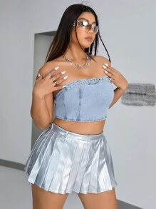 SHEIN ICON Plus Size Bandeau Denim Top - Light Wash - View 3