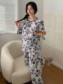 DAZY Conjunto De Pijama De Estilo Chino Con Estampado Vegetal De 2 Piezas - Blanco - Ver 5