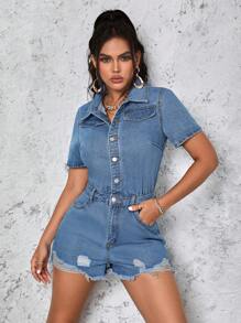 SHEIN SXY 破洞牛仔連身褲 - 中等水洗藍 - 查看 6