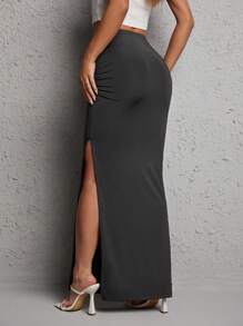 SHEIN PETITE Women'S Long Slit Skirt Maxi Skirt - Dark Grey - View 2