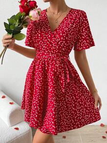 SHEIN Privé 全身心形印花洋裝 - 酒紅色 - 查看 1