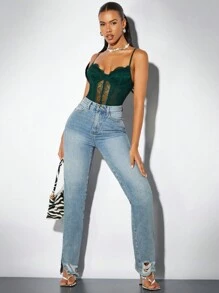 SHEIN BAE Lace Patchwork Suspender Bodysuit - Green - View 4