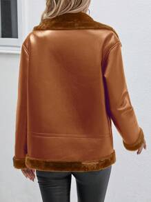 SHEIN LUNE Motorcycle Style Fur Collar Leather Jacket - Brown - View 2