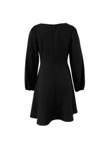 Solid Color Sweetheart Collar Lantern Sleeve Dress - Black - View 2