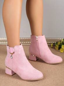 Women's Fashionable And Elegant Short Boots With Middle/Chunky Heels, Suede Material, Rhinestone Pendant, Side Zipper Closure, Pink Color