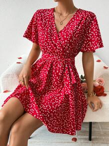 SHEIN Privé 全身心形印花洋裝 - 酒紅色 - 查看 5