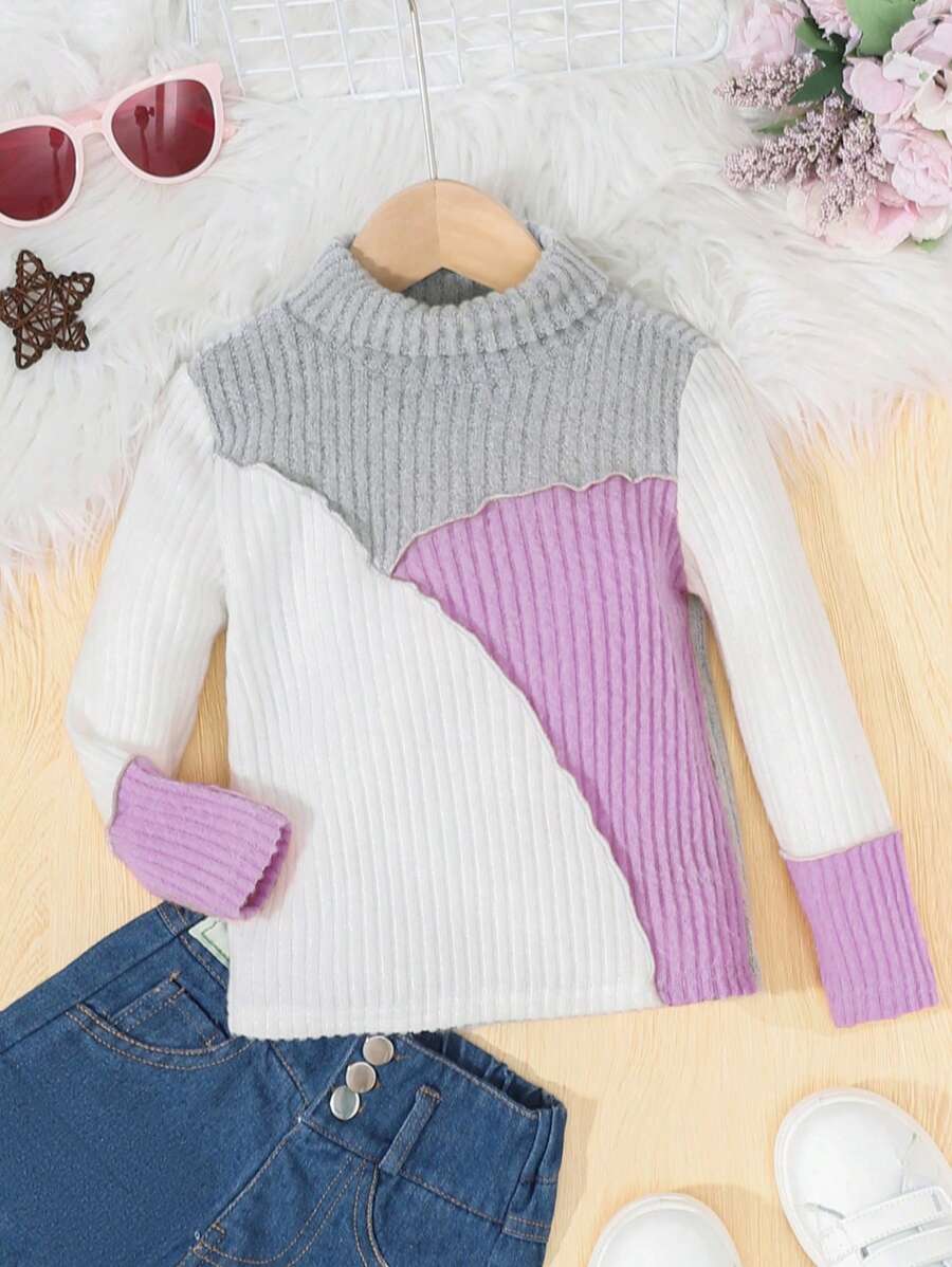 Cô Gái Trẻ Khối màu Cổ cao Áo thun - Màu tím - Xem 1