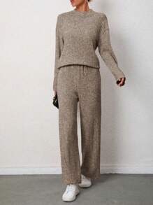 SHEIN Essnce Solid Color Drop Sleeve T-Shirt And Trousers Two-Piece Set - Coffee Brown - View 6