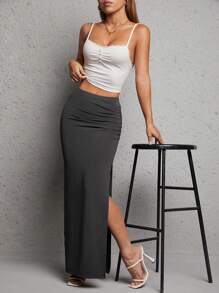 SHEIN PETITE Women'S Long Slit Skirt Maxi Skirt - Dark Grey - View 5