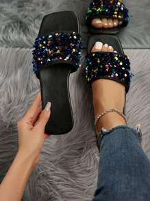 Women'S Sparkling Slippers, Non-Slip & Water-Resistant, Versatile & Fashionable, Perfect For Beach & Outdoor Activities, Plus Size Available - Black - View 1