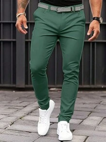 Manfinity Homme Pantalones formales de vestir de unicolor con bolsillo en diagonal sin cinturón para hombres - Verde Oscuro - Ver 6