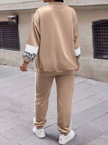 EURMUSE Women's Plus Size Leopard Print Long-Sleeved Two-Piece Set - Camel - View 2