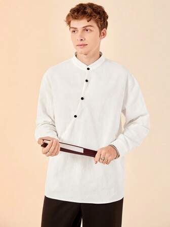 SHEIN Teen Boy Casual Loose Solid Color Diagonal Placket Stand Collar Antique Hanfu Shirt