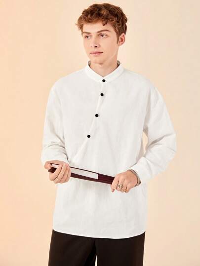 SHEIN Tonårspojke Avslappnad Lös Enfärgad Diagonal Knappslå Standkrage Antik Hanfuskjorta