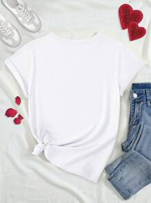 INAWLY Women's Heart & Slogan Printed Short Sleeve T-Shirt - White - View 2