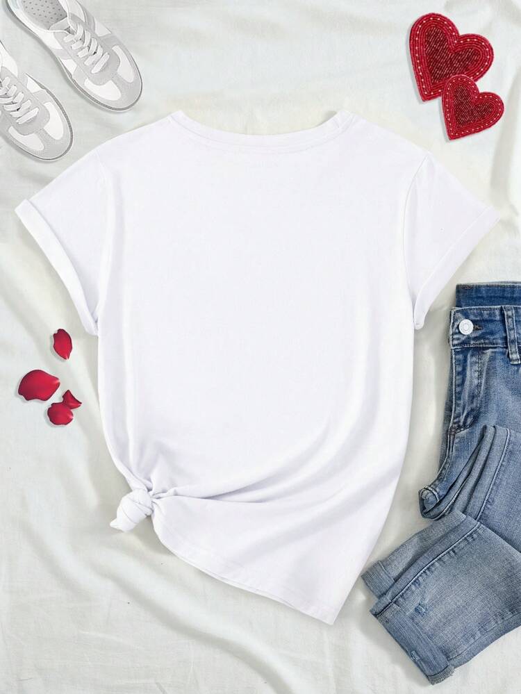 Women's Heart & Slogan Printed Short Sleeve T-Shirt