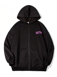 SHEIN 少年男孩動漫印花拉鍊前開口袋休閒寬鬆連帽衛衣 - 黑色 - 查看 2