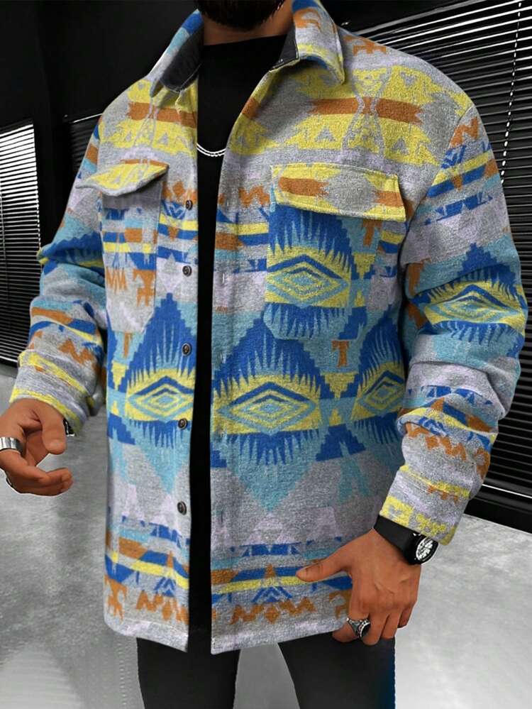 Men'S Geometric Pattern Flap Pocket Shacket