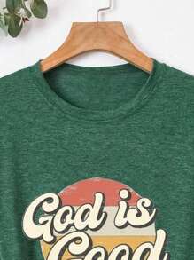 INAWLY Slogan Graphic Tee God Is Good Graphic Tees Women Tops - Dark Green - View 3