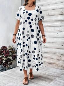 EMERY ROSE Plus Size Women's Polka Dot Pattern Blue White Short Sleeve Dress For Spring For Summer