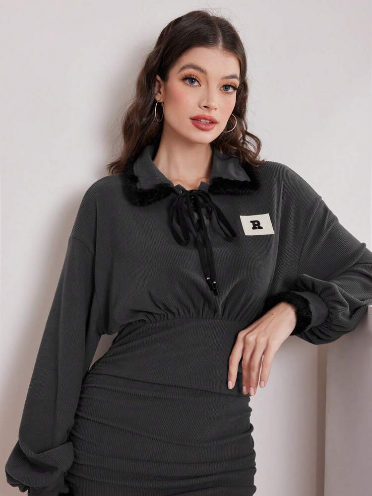 Women's Casual Gray Peter Pan Collar Long Sleeve Dress